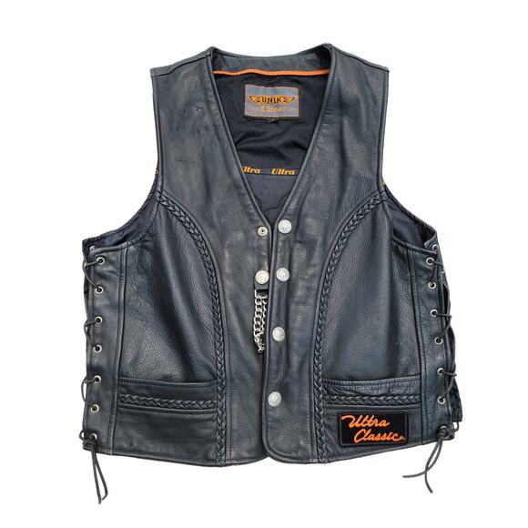 Vintage ULTRA Classic Motorcycle leather Vest Harley Davidson Patch On Back Sz L - Picture 1 of 10